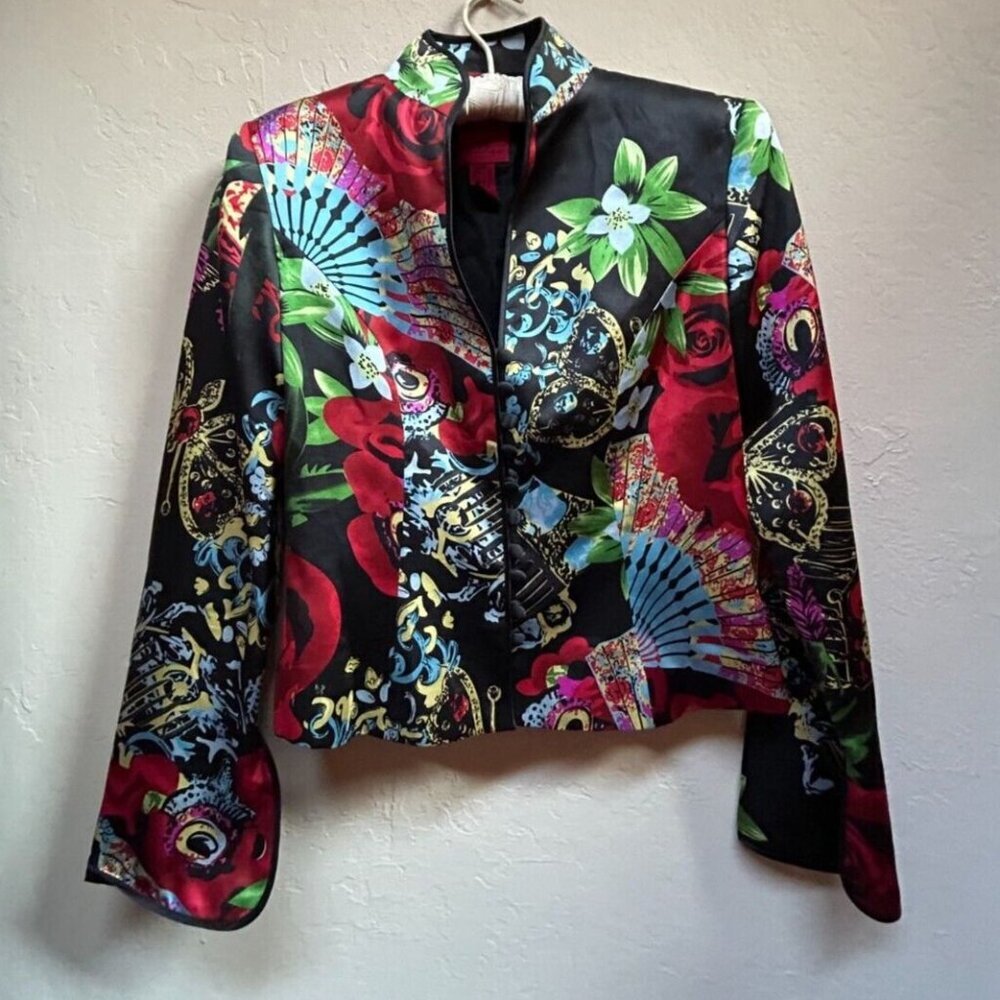 Vintage JS Collection Womens Asian-Style Crop Jacket Silk Floral Size 6 Black